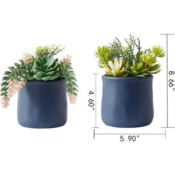 Artificial Succulent in Ceramic Pots, 2 Packs Large Faux Fake Plants Navy Blue - Picture 2 of 6